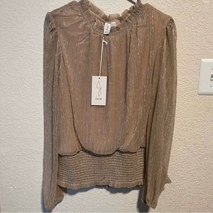 Joie Champagne Pink Gold Shimmer long sleeved Smocked bottom Blouse XL NWT